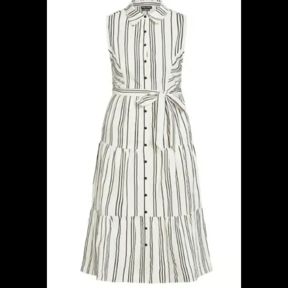 City Chic Black White Striped Sleeveless Tiered Midi Shirt Dress‎ with Belt